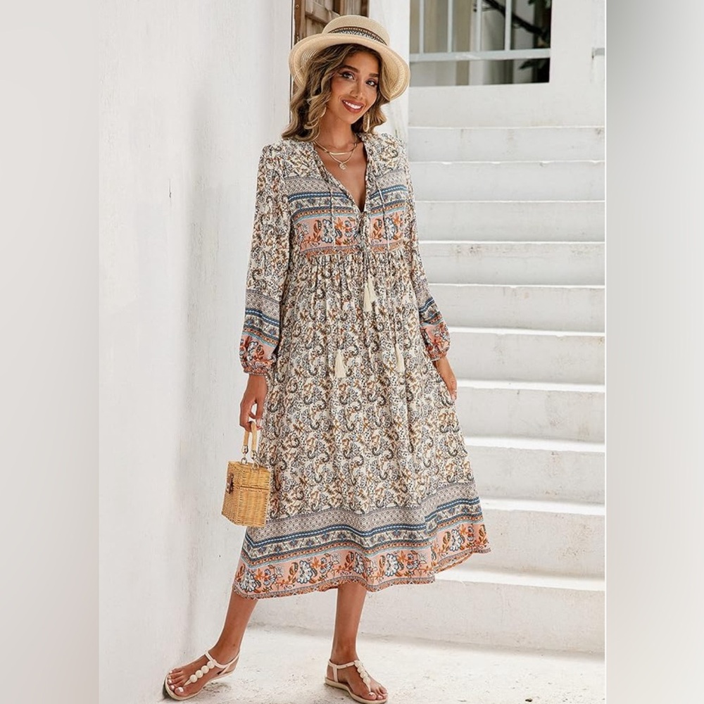 NWT R.Vivimos Women’s Long Sleeve V Neck Tassel Bohemian Midi Dress